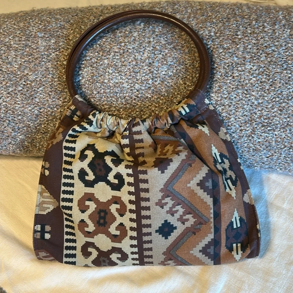 Vintage Southwestern Tribal Print Canvas Circle Handle Purse - Picture 6 of 11
